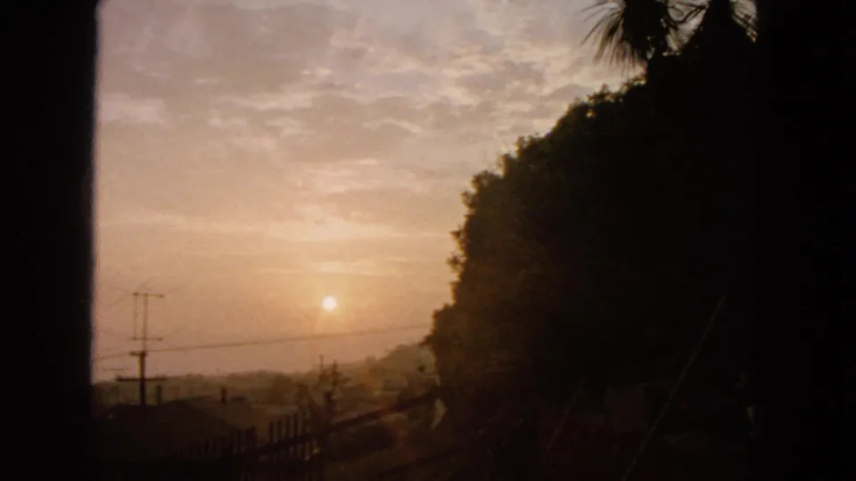 1963 8mm San Francisco hillside sunset with the sun above a hazy horizon, silhouetted trees, utility wires, and visible film grain.