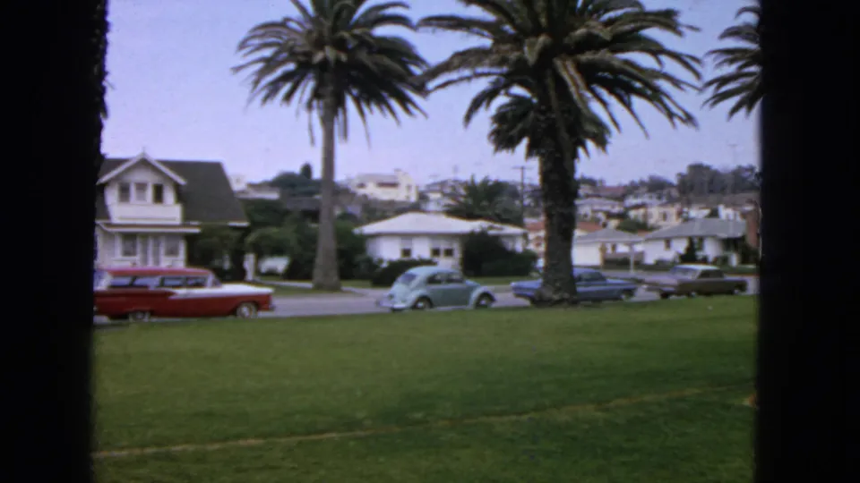 1963 San Francisco neighborhood view with palm trees, houses, a red station wagon, and other parked cars across a grassy foreground.