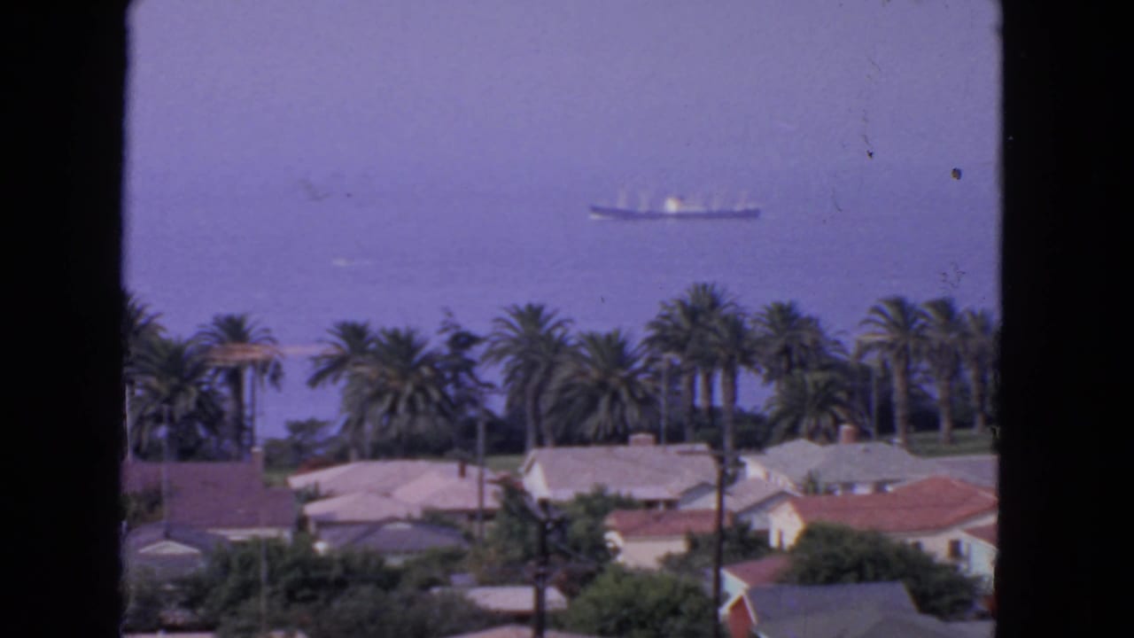Distant cargo ship beyond palm trees and residential rooftops under a hazy sky.