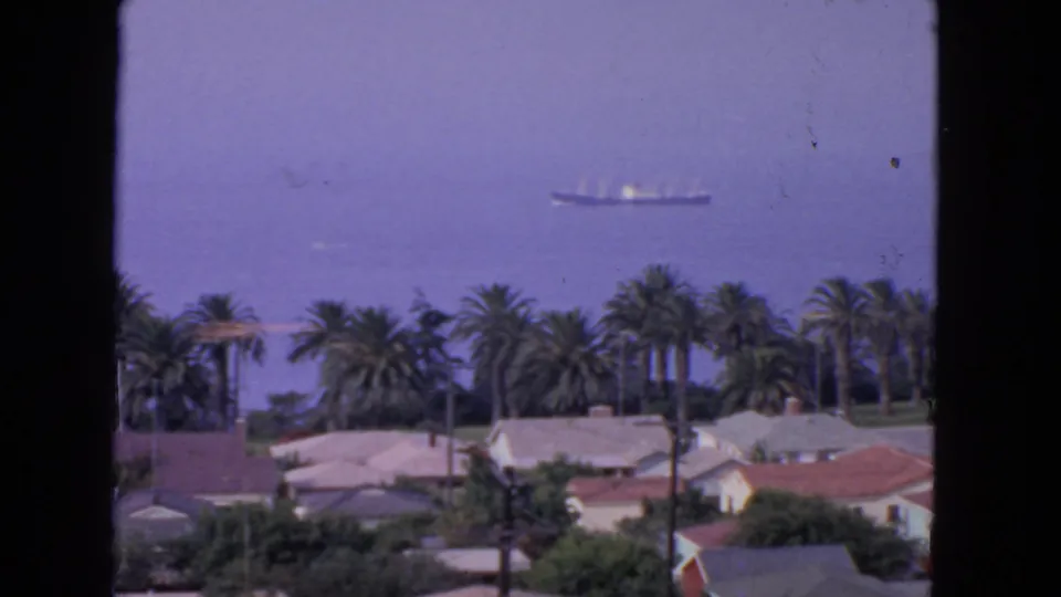 1963 San Francisco home-movie view of a cargo ship on the bay beyond palm trees and low residential rooftops.