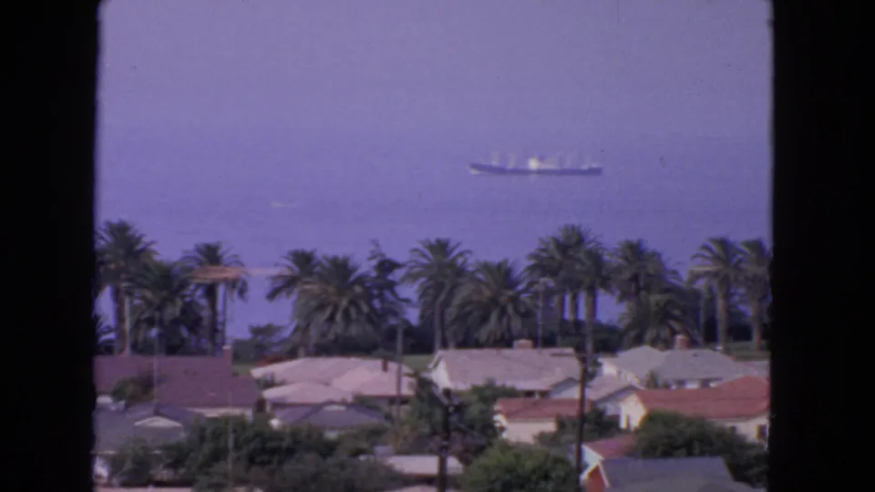 Distant ship traffic on San Francisco Bay, filmed past palms and neighborhood rooftops in 1963 8mm footage.