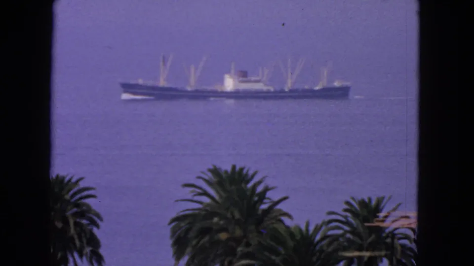 1963 8mm view of a distant ship on open water near San Francisco, with palm trees and dark window-like borders in the foreground.