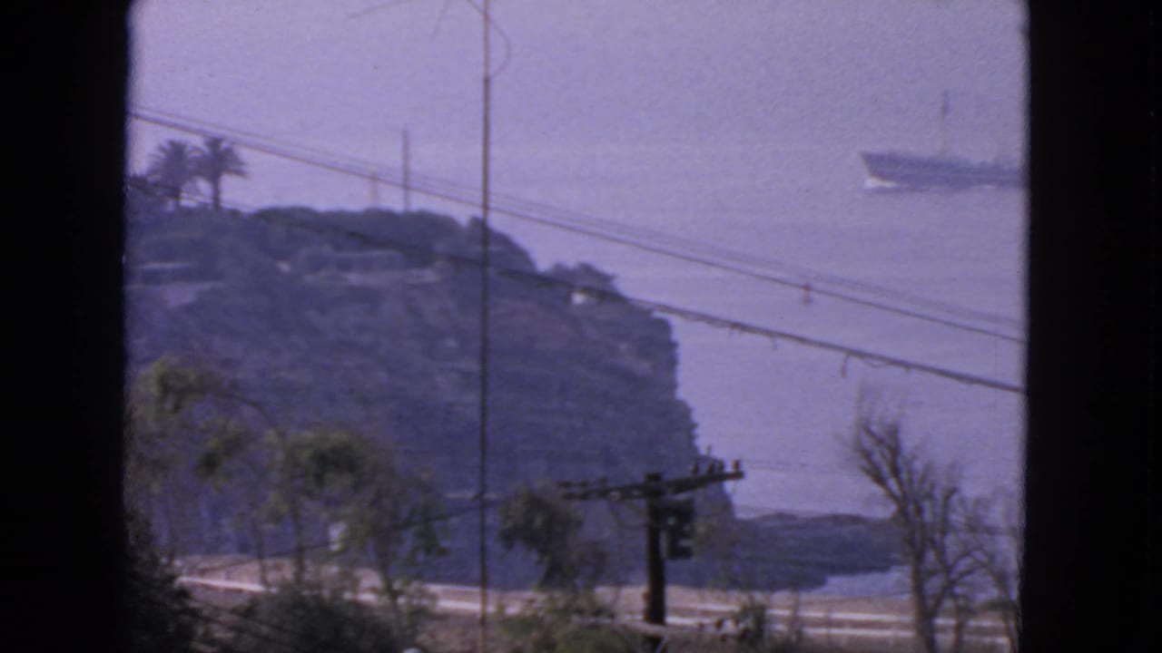 1963 San Francisco coastal view through a dark frame, with a bluff, palms, utility poles, and a large ship on the water.