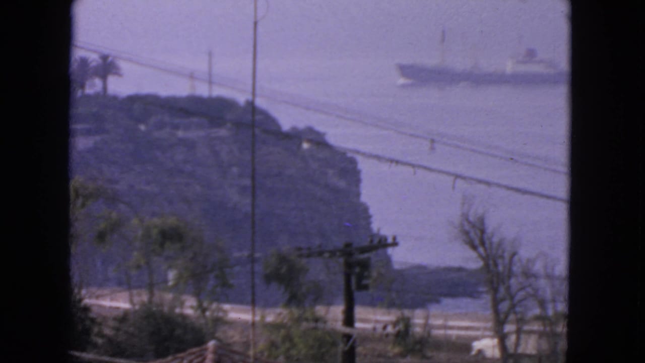 Hazy coastal view with a large ship offshore, rocky shoreline, road, utility pole, wires, and trees.