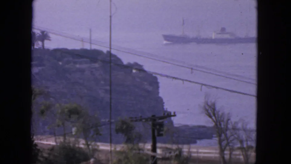 1963 San Francisco coastal frame with a large ship on hazy water, a dark rocky point, roadside wires, and palm foliage in front.