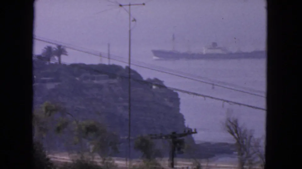 1963 San Francisco coastal view with a distant ocean liner beyond a rocky island, framed by utility lines, palms, and haze.