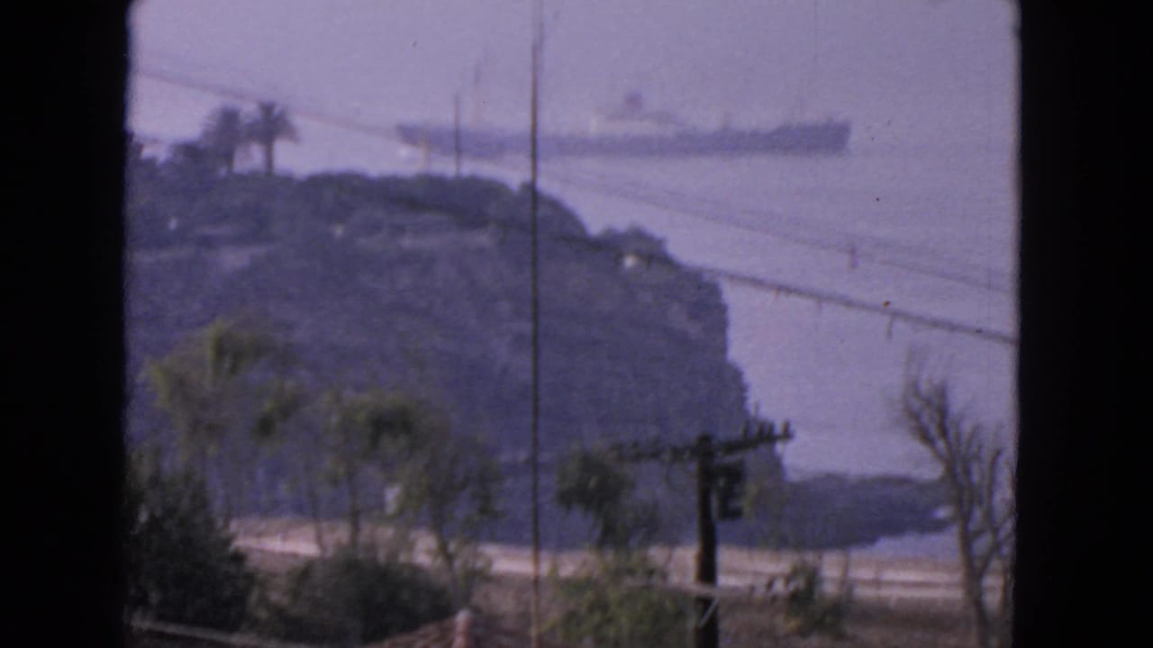 Ocean liner on hazy water beyond a rocky island, with palms and utility poles in the foreground.