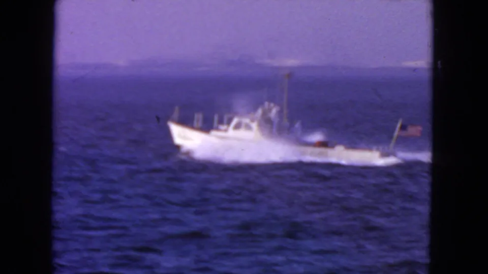 A white speedboat throws a foamy wake on deep blue water, with a hazy shoreline behind it in San Francisco-area footage.