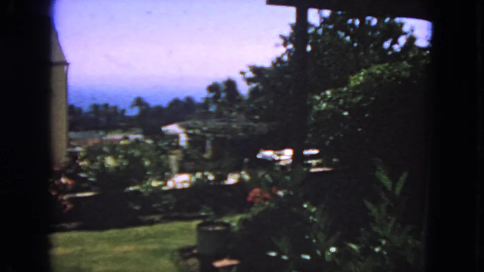 1963 San Francisco frame showing a residential garden with lawn, shrubs, trees, and part of a light-colored house in soft 8mm color.
