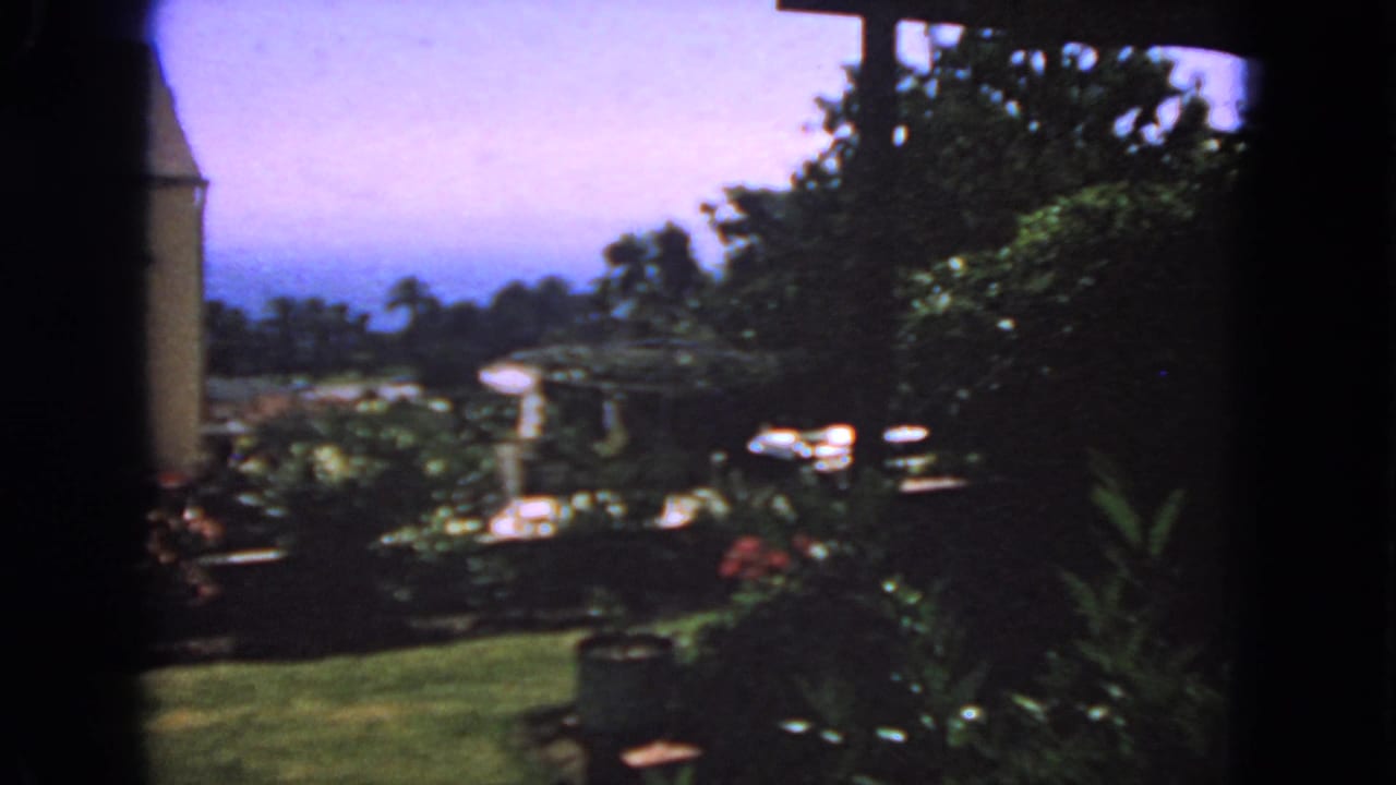 Backyard lawn and garden seen through a dark window or film border.