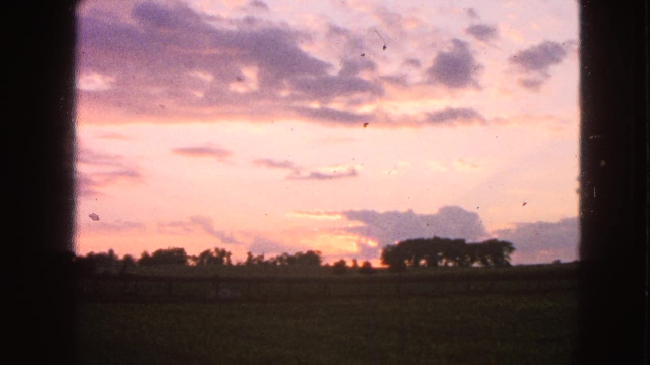 Pink sunset sky over a dark rural field and distant treeline, framed by black edges.
