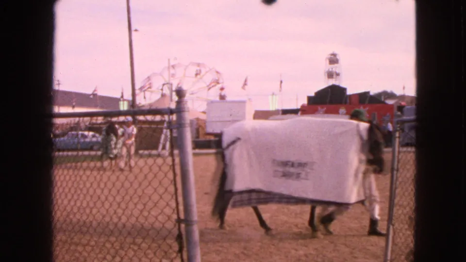Walworth fairground footage shows a covered horse and handler crossing the dirt arena behind fencing, with midway equipment in the distance.
