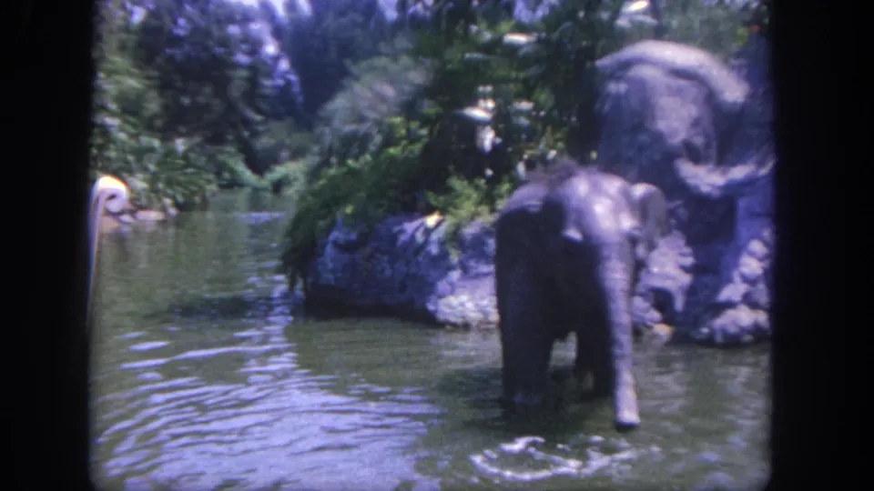 1962 Disneyland 8mm frame showing a mechanical elephant wading in a jungle-themed waterway with rocks and greenery around it.