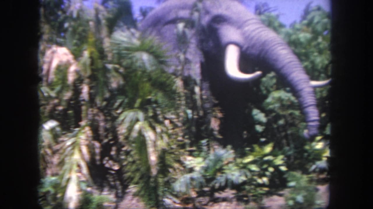 Elephant figure with raised trunk behind palms and thick greenery.
