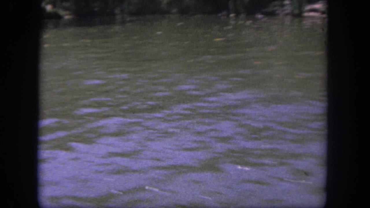 Green river water with foliage along the far bank and black 8mm frame borders.