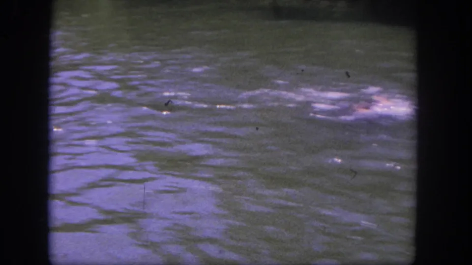 1962 Disneyland boat-view frame showing rippled green water and a blurred pale splash or submerged figure near the right edge.