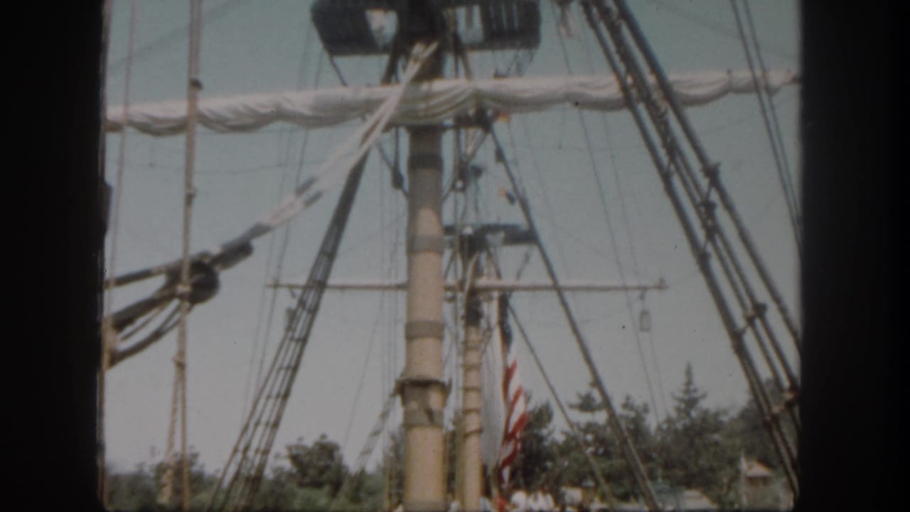 Tall ship mast and rigging above trees with an American flag partly visible.
