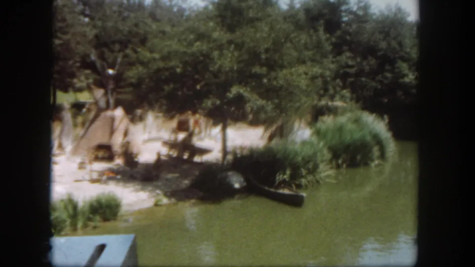 1962 Disneyland boat-ride view of a themed shoreline with huts, dense foliage, reeds, and a small dark boat or canoe.
