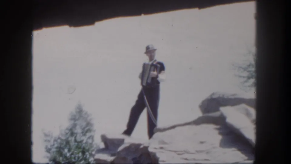 The performer appears on the rocky Disneyland ledge with accordion held to his chest and trees behind him.