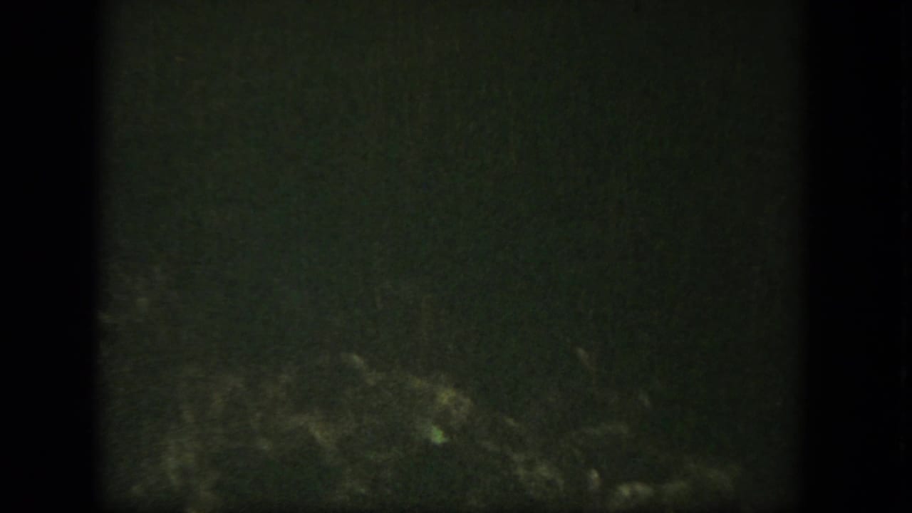 A dark, grainy transitional 8mm frame with faint green tones and indistinct lower-edge detail.