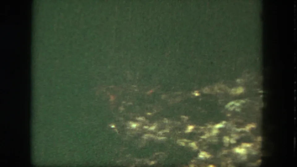 A low-exposure 8mm frame with green cast, visible grain, and blurred light patches near the bottom edge.