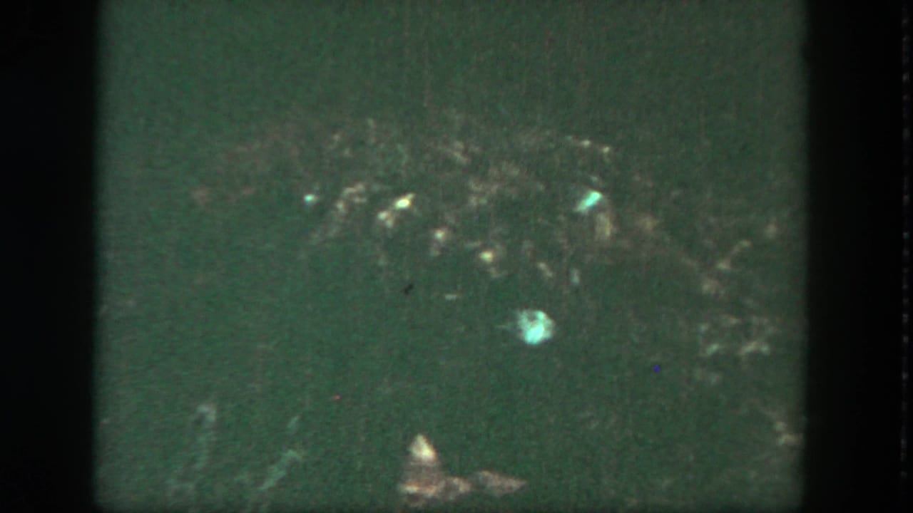 Dim green water with scattered light reflections and dark film-frame edges.