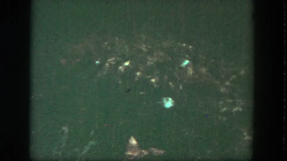 1962 Disneyland home-movie frame showing dim greenish water, scattered reflections, and indistinct submerged forms.