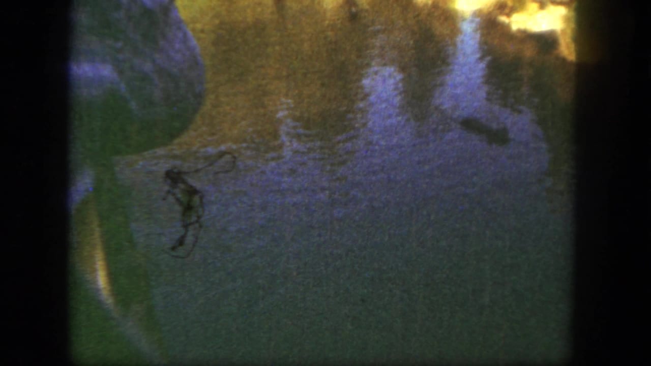 1962 Disneyland home-movie frame showing a partial visitor in a blue checkered shirt near reflective lake water.
