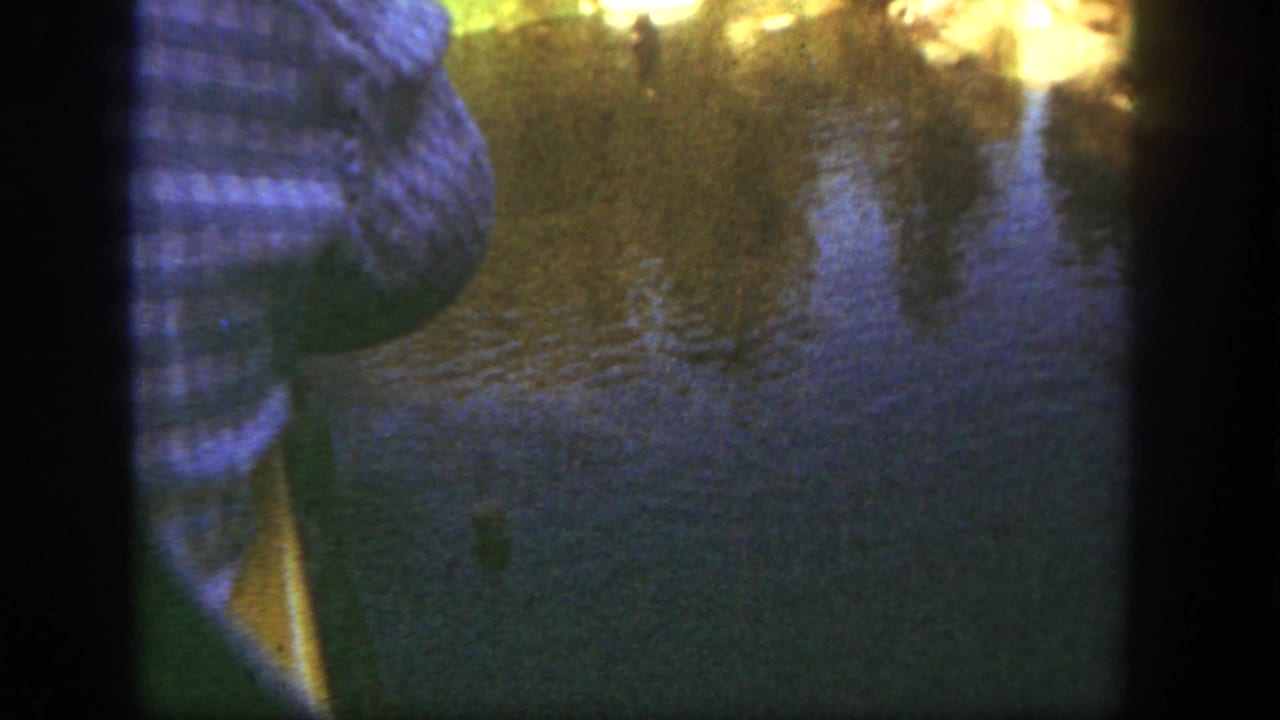 1962 Disneyland frame with a cropped visitor in a blue checkered shirt beside sunlit ripples on the lake.