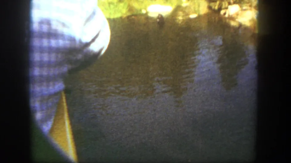 1962 Disneyland frame showing a cropped visitor at left, reflective water, and a small faint boat shape in the background.