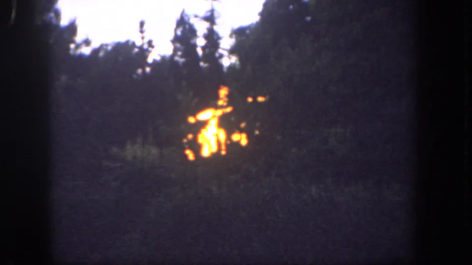 1962 Disneyland home-movie frame showing an orange blaze beyond silhouetted trees, with dark exposure and visible film borders.