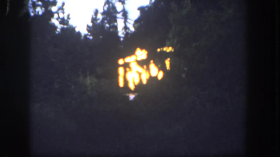 1962 Disneyland 8mm frame with a clustered fire effect visible through dark trees and heavy film grain.