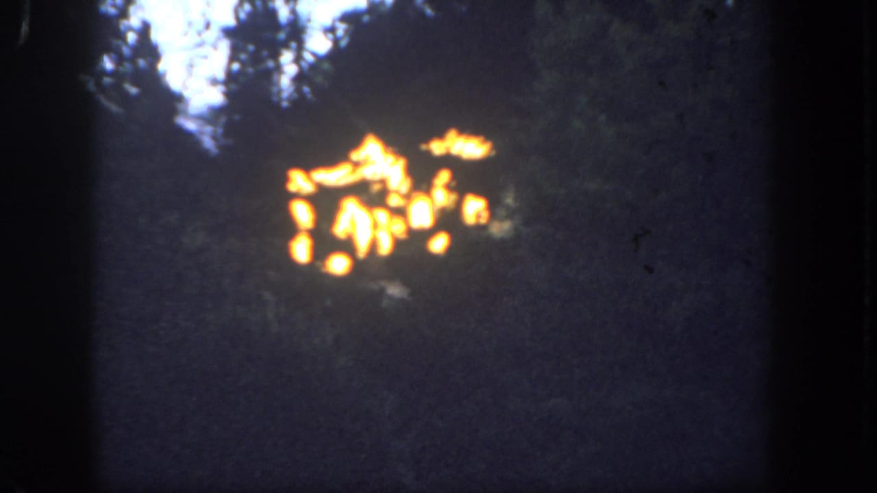 1962 Disneyland home-movie frame showing distant orange flames against dark tree silhouettes and heavy 8mm grain.