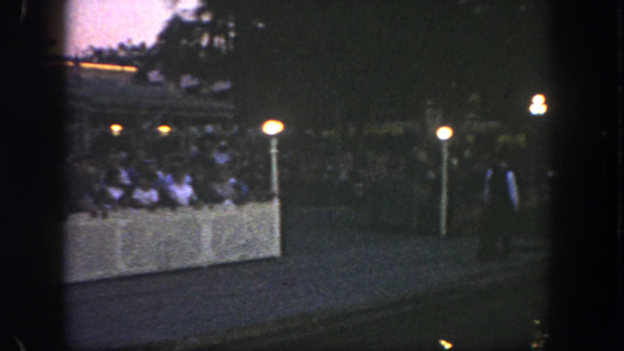 Crowd and lamps beside a dark walkway, with a person standing near the right edge.
