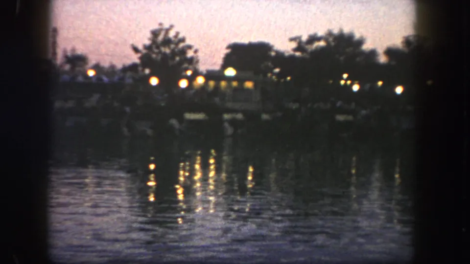 Grainy 8mm Disneyland night frame with silhouetted trees, scattered lamps, and reflections on lake water.