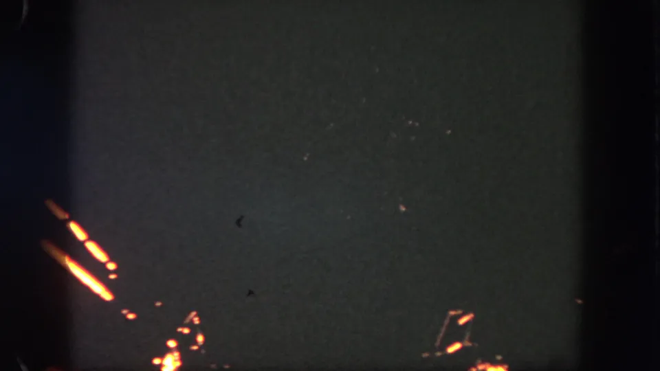 Low-light 1962 Disneyland home-movie frame with orange streaks near the lower left and faint specks in the darkness.