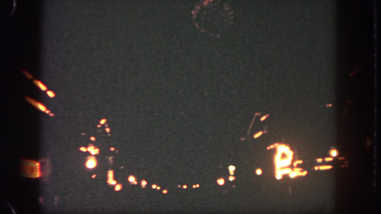 Dark nighttime park view with glowing lights and distant fireworks.
