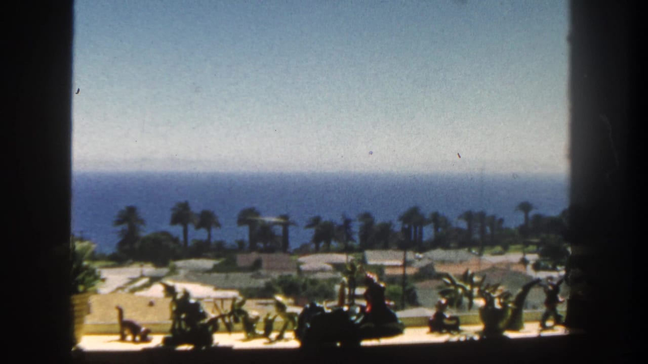 Window-framed coastal view with palms, sill figurines, bright sky, and ocean horizon.