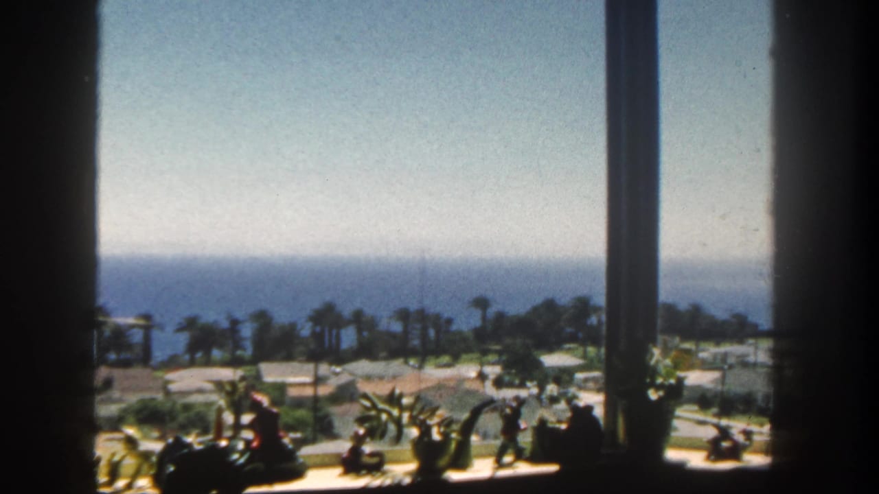 Window-framed coastal view with sill ornaments, palms, low buildings, ocean, and hazy sky.