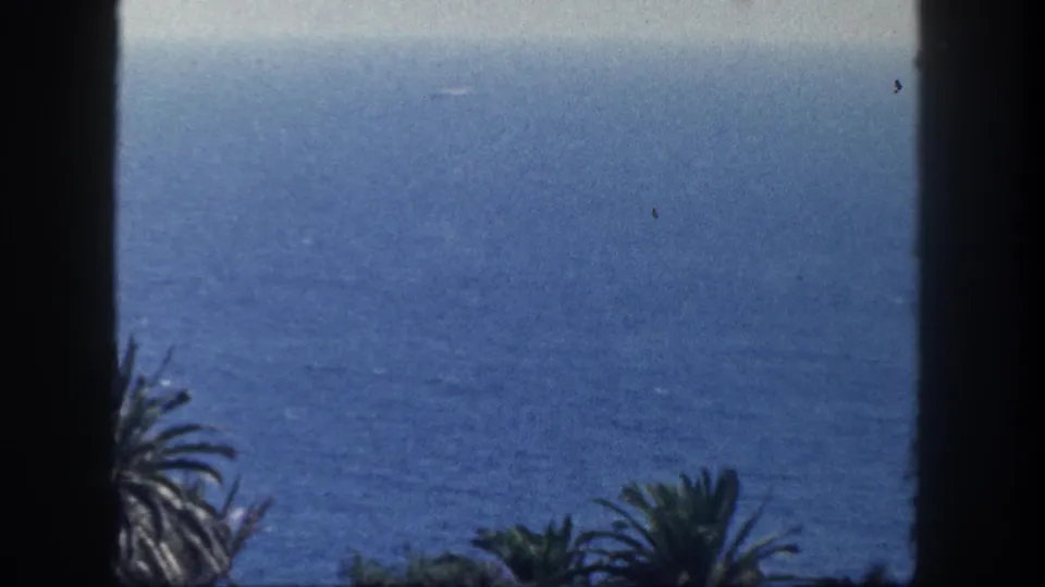 1962 San Diego home-movie still showing blue ocean beyond dark foreground edges and silhouetted palm trees below.