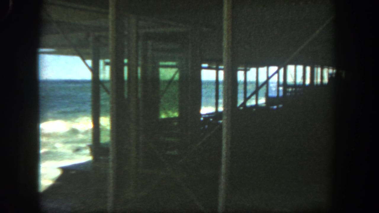 Shadowed view under a wooden pier with ocean surf visible between pilings.