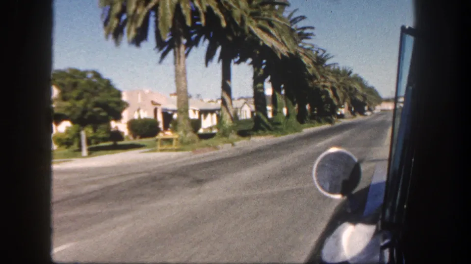 1962 San Diego driving view with a palm-lined street, low homes, lawn edges, and part of the vehicle door and mirror in frame.