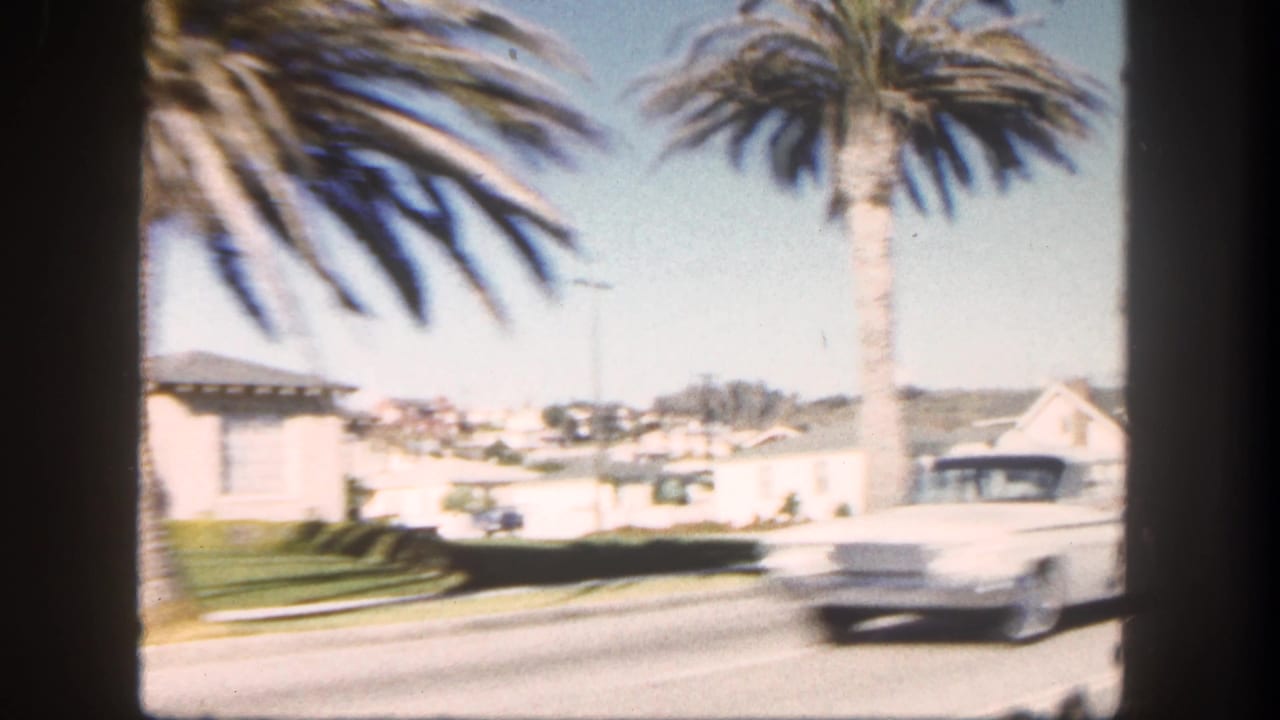 Palm-lined suburban street with white houses and a passing car seen through a dark window frame.
