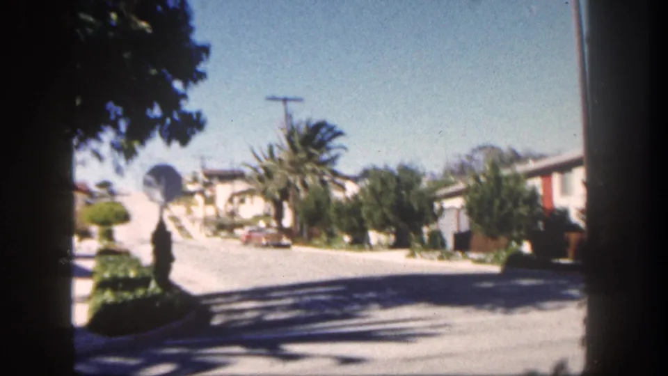 1962 San Diego neighborhood view with a downhill street, palm trees, low houses, utility pole, shrubs, and a curbside car.