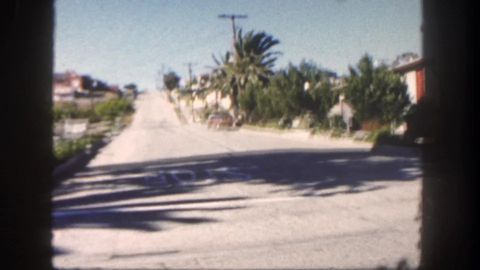 1962 San Diego suburban road view with palm shadows across the pavement, houses, hedges, utility pole, and a red car near the curb.