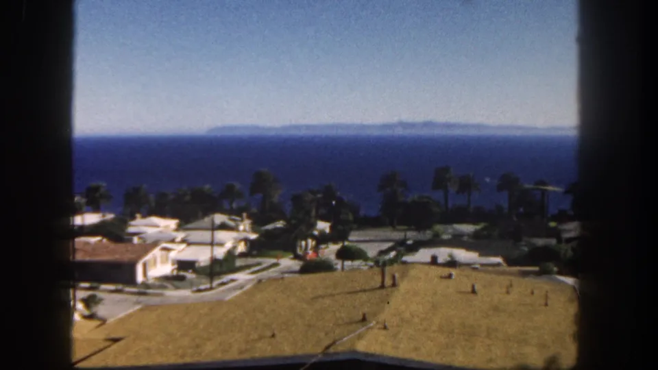 Coastal San Diego view over rooftops, palm trees, and a foreground roof area toward the Pacific Ocean and distant landforms.