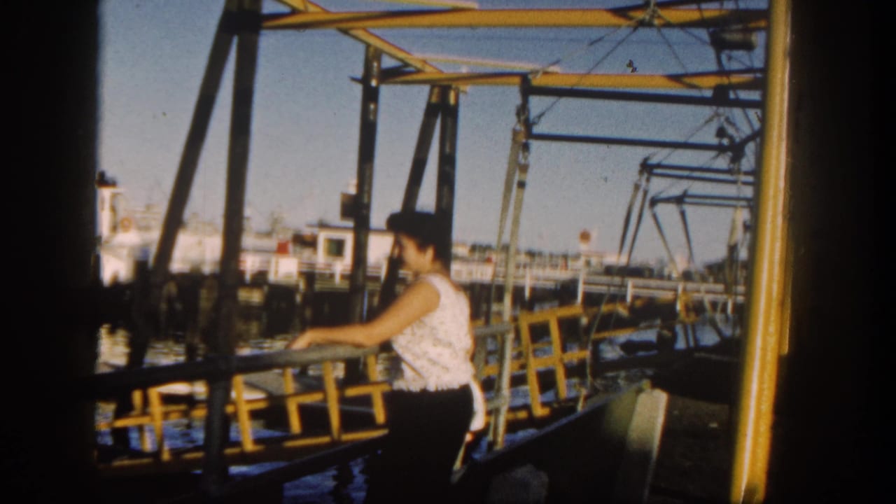 A woman stands at a yellow railing in San Diego harbor, with dark dock supports, water, and small boats visible behind her.