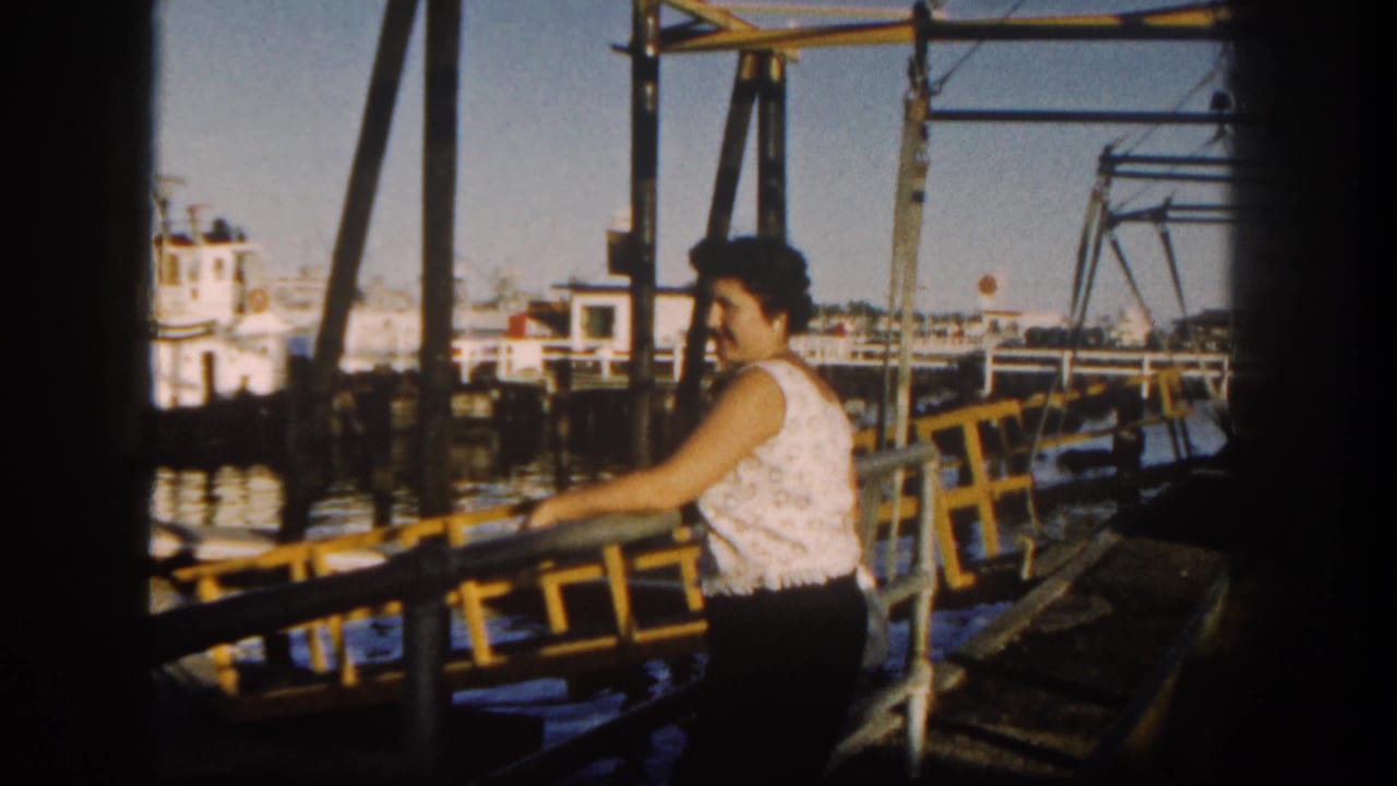 Woman leaning on a pier railing with harbor boats and metal supports behind her.