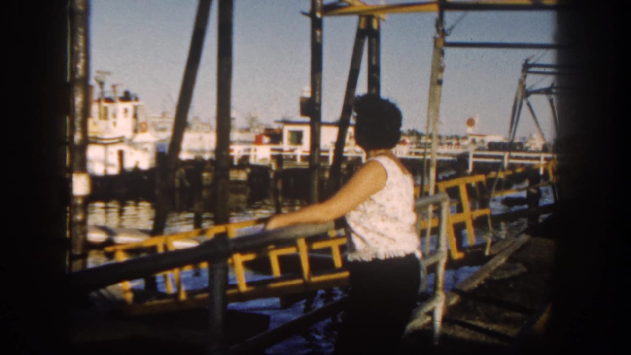 A woman faces the San Diego waterfront from a yellow dock railing, with boats, pilings, and pier structures in view.