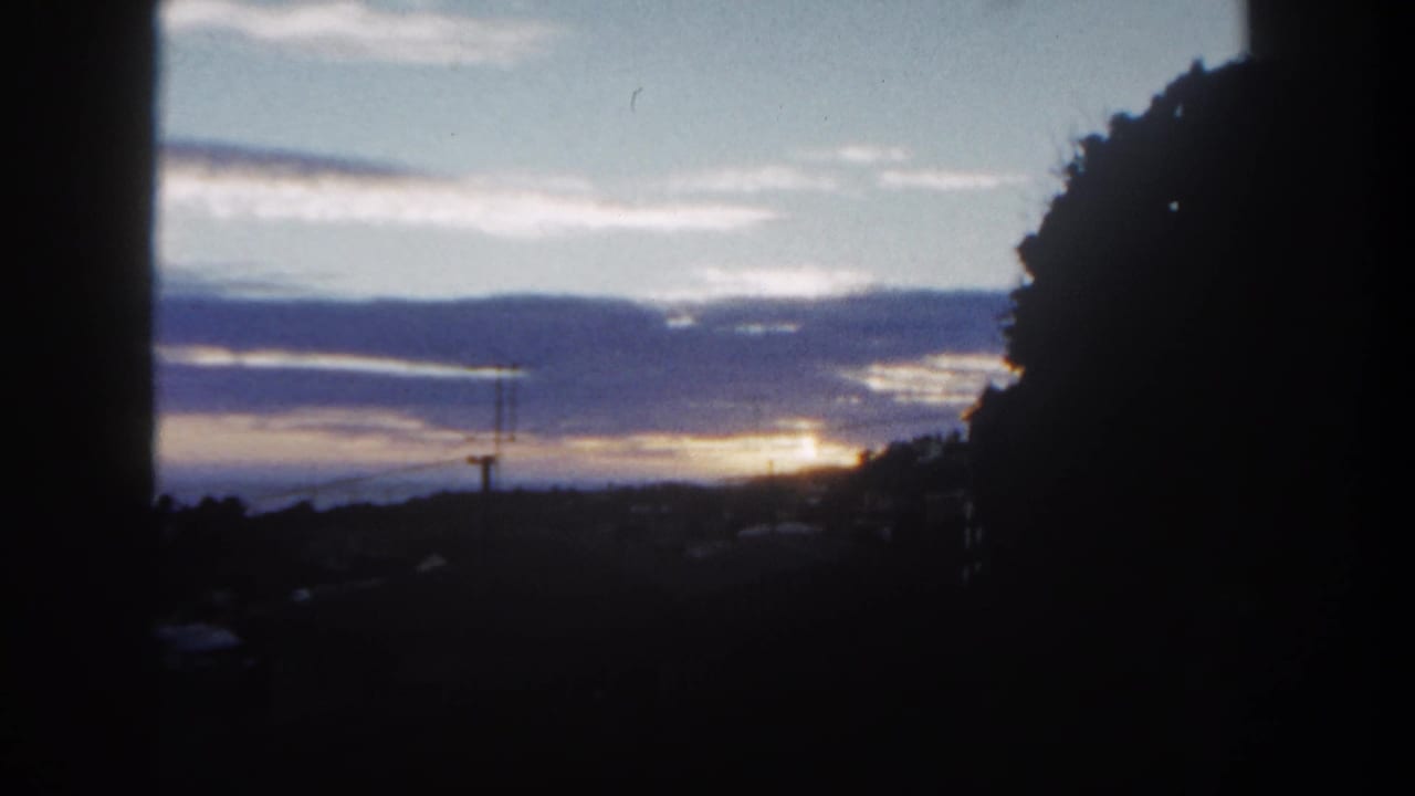 Purple clouds and a low sunset glow over a dark hillside and tree silhouettes.